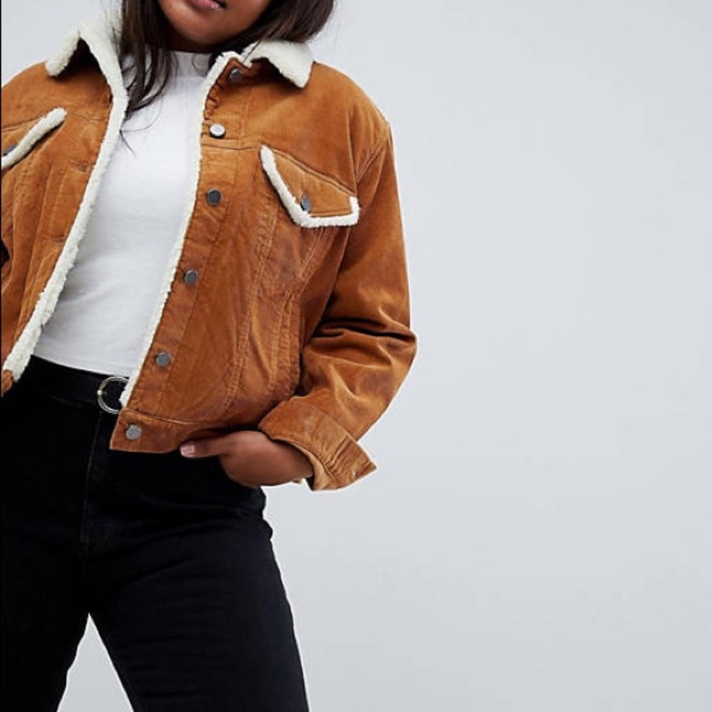 Asos Design Curve cord jacket with fleece collar in rust brown